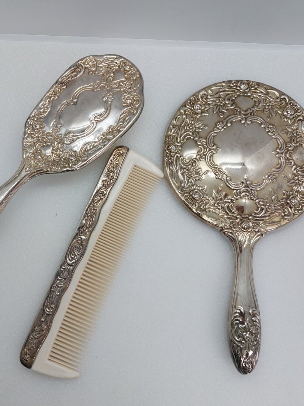 Vintage Silver Plated 3 Pc. Vanity Set Ornate Brush Mirror & Comb